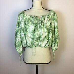 New! Sigrid Olsen Linen Crop Top Blouse L Womans Green White Tropical Print